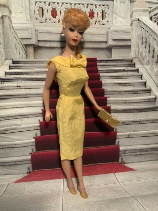 Vintage Barbie GOLD Yellow Silk Shantung Sheath Dress,  OT Mules Purse EXC No Doll 3