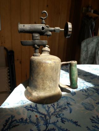 Vintage Antique Brass Blow Torch W/wooden Handle; Home Decor Piece
