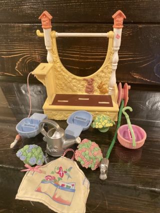 Fisher Price Loving Family Dollhouse Garden Bench Basket Flowers Watering Can