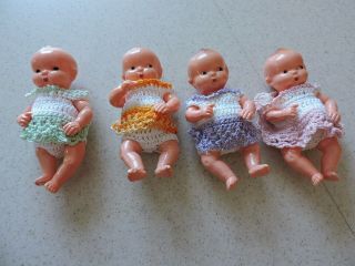 Vintage Irwin 4 Hard Plastic Dolls With Crocheted Outfits Kewpie Type