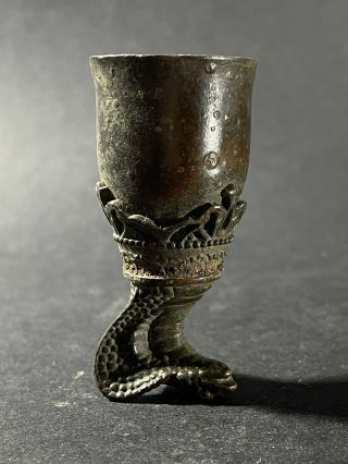 Detailed Ancient Crusaders Bronze Wine Cup Decorated With Serpent Snake Head
