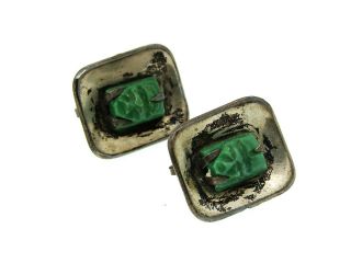 Antique Vintage Taxco Mid Century Modern Carved Stone Sterling Silver Cufflinks