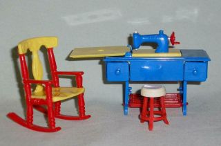 Vtg Renwal Dollhouse Furniture,  Sewing Machine,  Stool,  Rocking Chair
