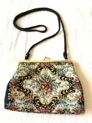 80 - 90s Needlepoint Petite Point Tapestry Bag Rose Evening Purse Black Strap Euc