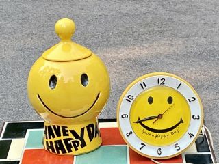 Vintage Mccoy Yellow Smiley Face Have A Happy Day Cookie Jar & Wall Clock