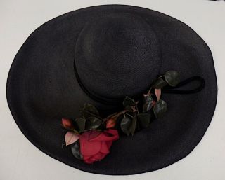 Vintage 50s Wide Brim Black Straw Derby Day Hat W/rose