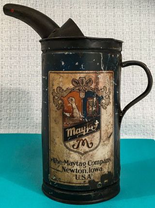 Vtg Antique Maytag Multi - Motor Washer Oil & Fuel Mixing Can W/ Spout Advertising