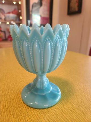 Vintage Antique Art Milk Cut Glass Aqua Blue Goblet Compote Vase Fenton Scallop