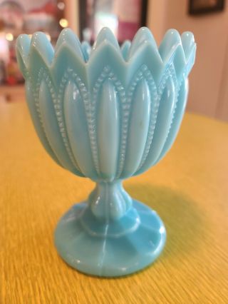 Vintage Antique Art Milk Cut Glass Aqua Blue Goblet Compote Vase Fenton Scallop 2