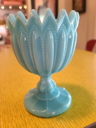 Vintage Antique Art Milk Cut Glass Aqua Blue Goblet Compote Vase Fenton Scallop 3