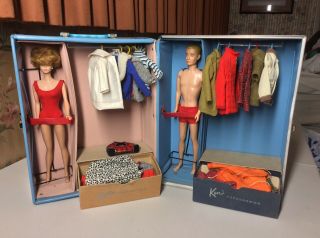 Vtg Barbie And Ken Dolls Mattel 1963 With Vinyl Wardrobe Carrying Case Clothes