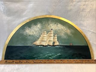 Vintage Oil Painting Clipper Ship Boat Seascape 1/2 Round Hang Above Door Sign