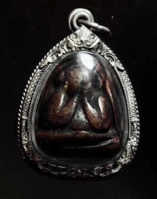 Lp Kaew (1st Gen) Wat Khrua Won With Silver Case Ww166 Rare Thai Amulet Antique