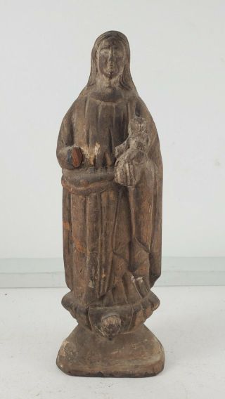 Antique Hand Carved Spanish Wooden Santos Saint 9.  5” Mary & Jesus Statue 18th C.