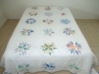 Queen Vintage Hand Pieced & Quilted Feed Sack 16 - Point Star Quilt