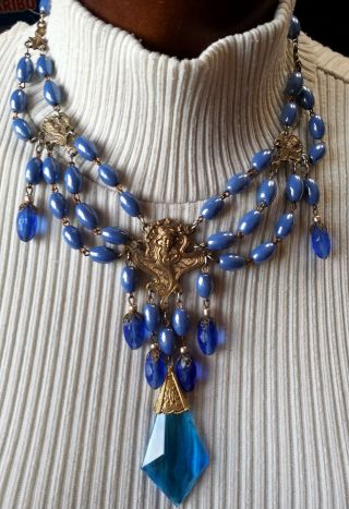 Very Old Art Nouveau Blue Lady Glass Necklace,  Signed Czechoslovakia