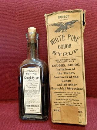 Antique Medicine Bottle Quack: White Pine Cough Syrup,  Dried Contents,  Bronchitis