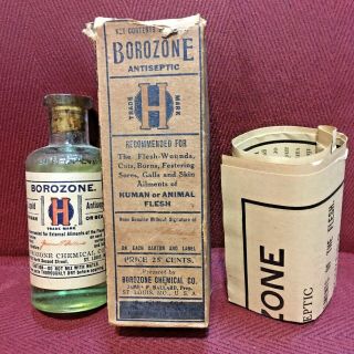 Antique Medicine Bottle Quack: For Man Or Beast,  Borozone,  Contents,  Embossed.