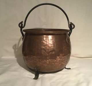 Antique Hammered Copper Cauldron W Wrought Iron Handle And Three Iron Legs C1900