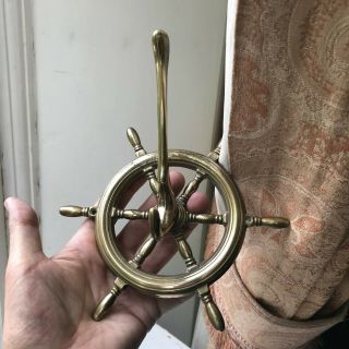Old Vintage Solid Brass Ships Wheel Coat Hat Wall Hook Plaque Victorian Style