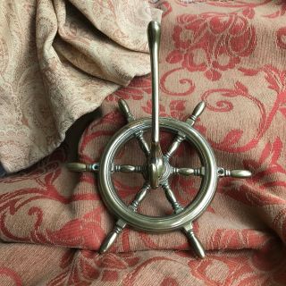 Old Vintage Solid Brass Ships Wheel Coat Hat Wall Hook Plaque Victorian Style 2