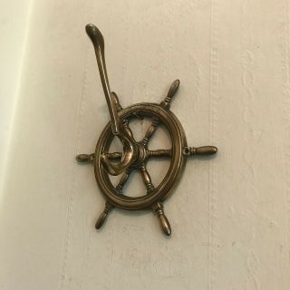 Old Vintage Solid Brass Ships Wheel Coat Hat Wall Hook Plaque Victorian Style 3
