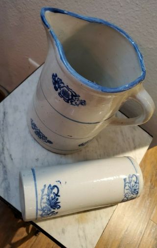 Antique Salt Glazed Blue White Stoneware Pitcher & Rolling Pin Vintage Ceramic 2