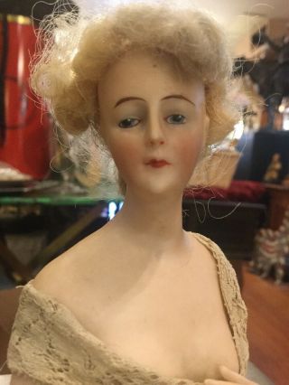 Antique German Goebel Bisque Half Doll Mohair Wig 2
