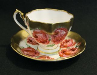 Vintage Queen Anne Fine Bone China Large Pink Roses Gold Gilt Teacup &saucer