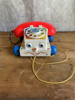 Vintage 1961 Fisher Price Chatter Telephone Phone Pull Toy 747 Wood Base Wheels