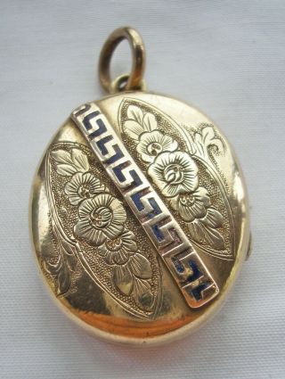 Gorgeous Large Antique Victorian Engraved Locket With Blue Enamelling
