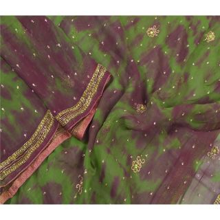 Sanskriti Vintage Dupatta Long Stole Georgette Green Hand Beaded Tie - Dye Veil