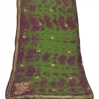 Sanskriti Vintage Dupatta Long Stole Georgette Green Hand Beaded Tie - Dye Veil 2