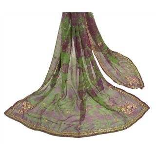 Sanskriti Vintage Dupatta Long Stole Georgette Green Hand Beaded Tie - Dye Veil 3