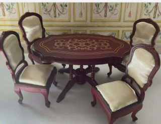 Vintage Dollhouse Miniature Gold Leaf Painted Table And Chairs Set 1:12