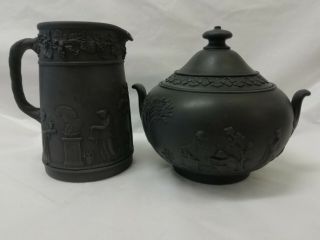 Antique / Vintage Wedgwood Black Basalt Etruscan Jasperware Jug & Bowl