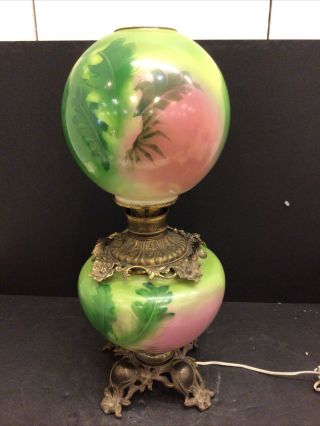 Stunning Large Green Pink Art Nouveau Gwtw Painted Antique Oil Lamp
