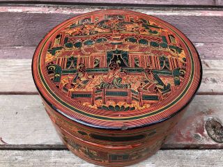 Antique Burmese Lacquer Round Wood Betel Nut Box Container W Tray Indonesian