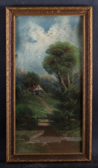 Antique American Pastel On Paper " Rural House " Signed