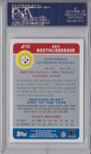 2004 Topps Bazooka Ben Roethlisberger Rookie Card - RC - PSA 9 - Steelers 2