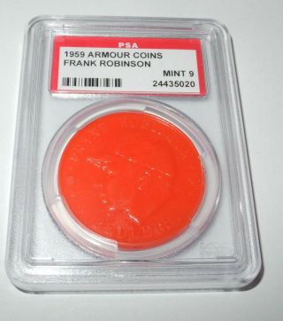 1959 Armour Hot Dog Baseball Coin Pin Frank Robinson Cincinnati Reds Psa 9