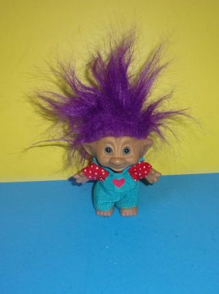 Vintage Treasure Troll By Ace Novelty,  Purple Hair Blue Eyes,  4 " Overalls