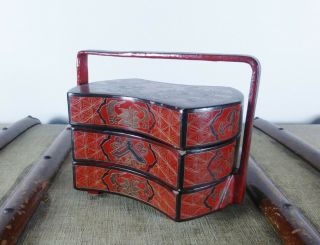 Antique 19th C Chinese 5 Claw Dragon Papier Mache / Wooden 3 Tier Dowry Box