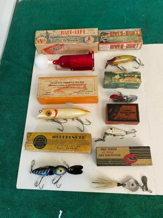 7 Pc Vintage Wood Fishing Lures W/boxes,  Heddon,  Hell Bender,  Martin,  Pflueger,