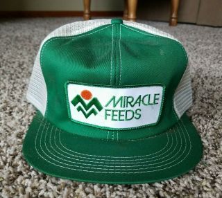 Vtg 80s K - Brand Miracle Feeds Farm Snapback Trucker Patch Hat Usa Two - Tone Cap