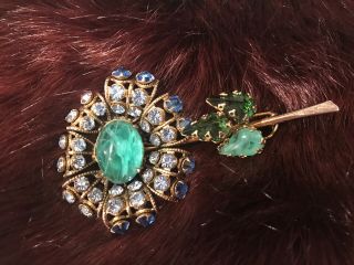 Schreiner York Signed Rare Antique Blue/green Rhinestone Pin Sexy