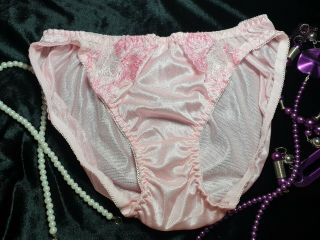 Pink Nylon Lace Panties Sissy Vintage Floral Bikini Silky Brief Sz.  6 Hip 36 - 39 "