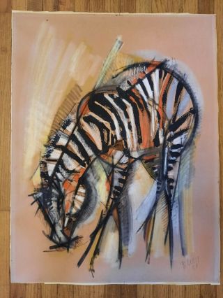 Vintage Retro Mid Century Modern Zebra Signed Painting Roger Lersy 1958