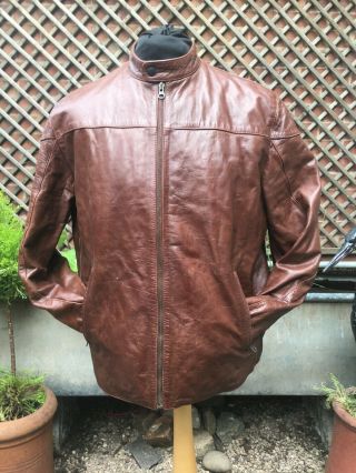 Mission Leather Company Antique Brown Leather Bomber Racer Casual Zip Jacket M L