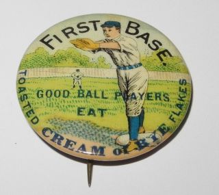 1896 Pd1 Baseball Player 1b Position Cream Of Rye Flakes Advertising Pin Button